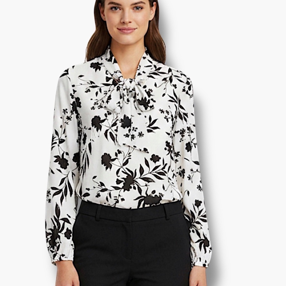 AUW Tie Front Blouse Long Sleeve Bold Floral Black White Women's Top Size XL - Picture 1 of 16